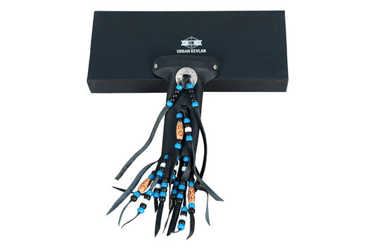 Urban Kevlar Long Genuine Black Leather Beaded Hair Tube With Hair Clip And Studded Hair Wrap