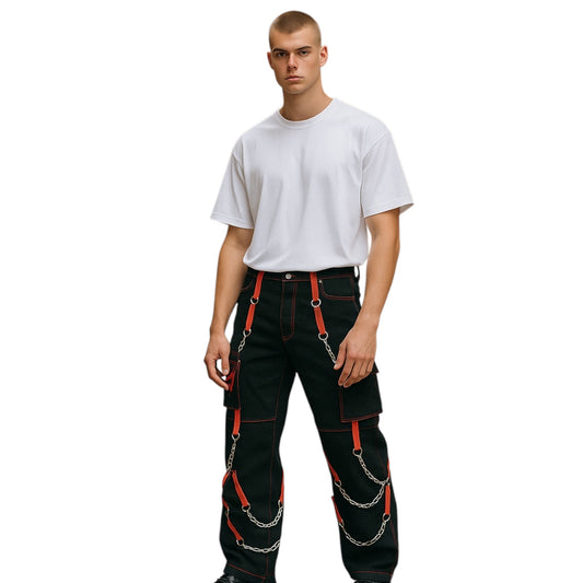 Men's Gothic Cotton Pants – Vintage Steampunk Trousers with Chains & Buckles, Punk Rock Style